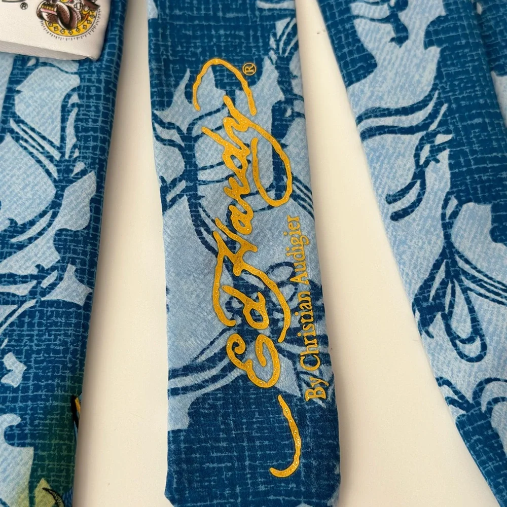 Ed Hardy by Christian Audigier Blue Skull Tattoo Graphic Neck Tie 57